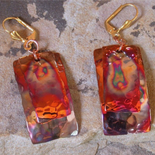 EC-179 Earrings Hammered Copper Iridescent Dangles $162 at Hunter Wolff Gallery